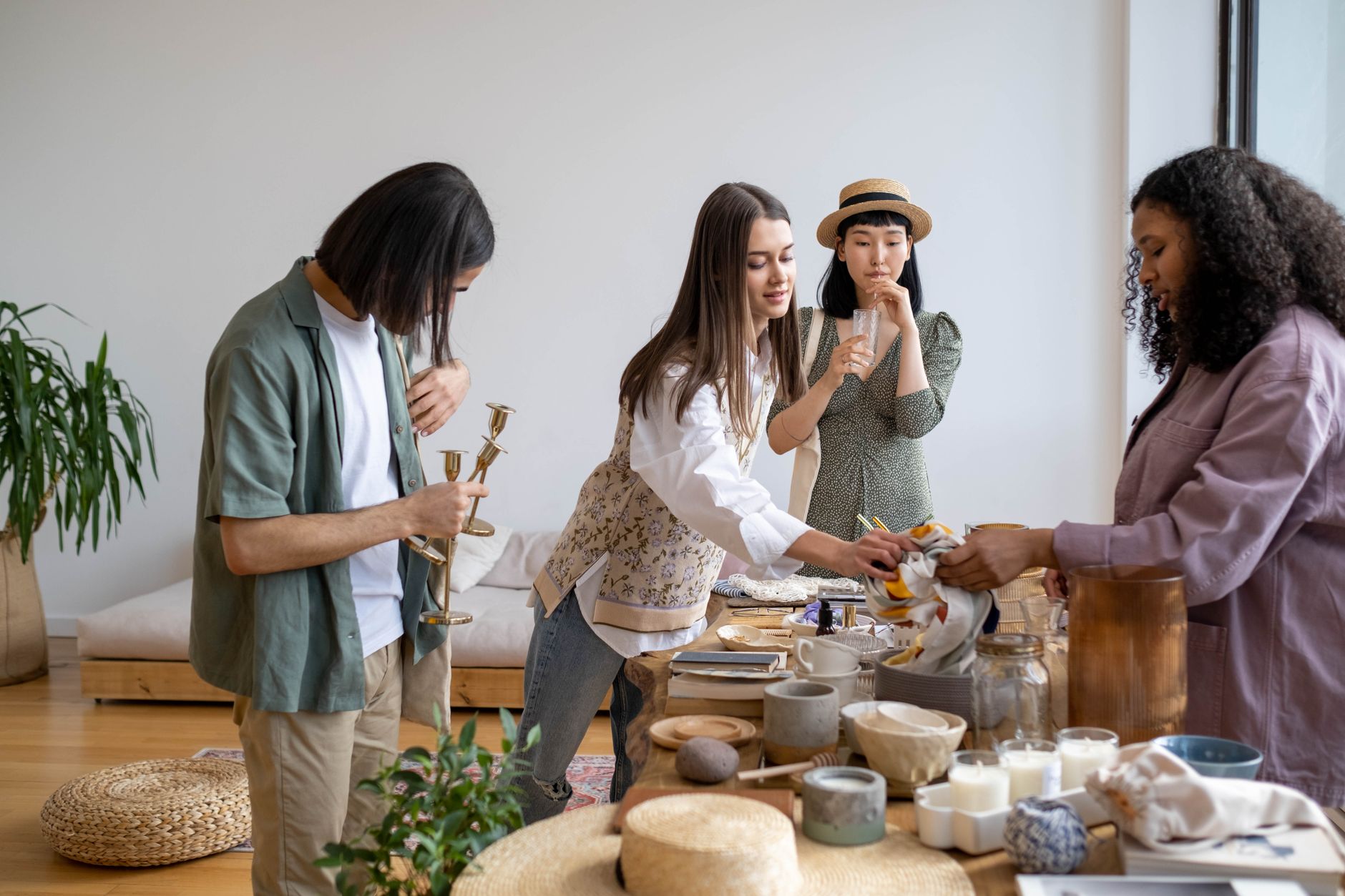 A multicultural group of adults enjoying a cozy indoor gathering with food and decor.