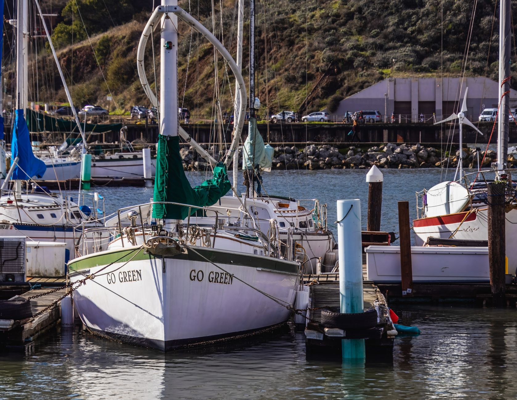 Sailboats with eco-friendly messages moored at a vibrant marina on a sunny day.