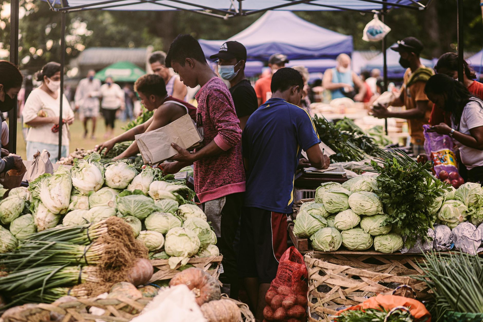 Vibrant farmers market scene with diverse people and fresh vegetables on a sunny day.
