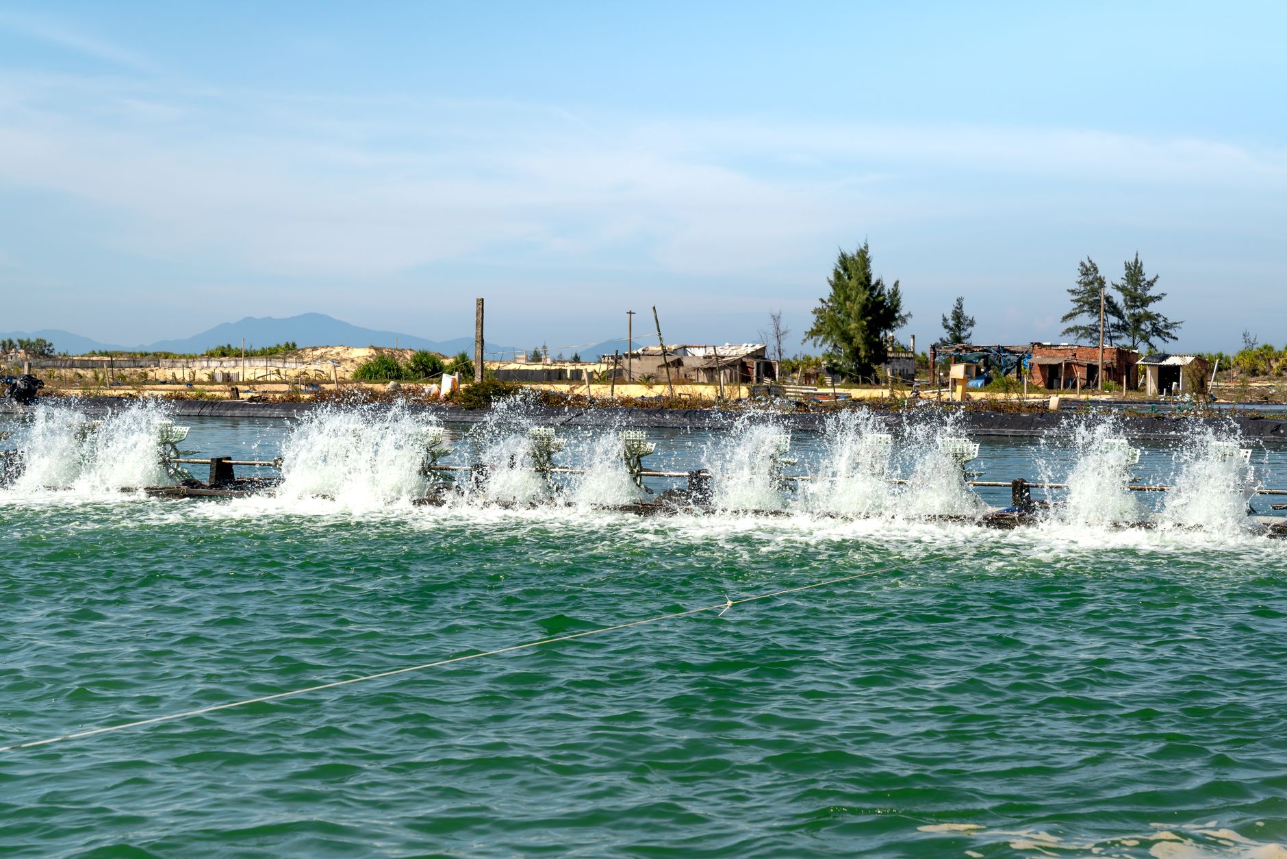 A high-powered water aerator in action at an aquaculture facility, creating a vibrant splash.
